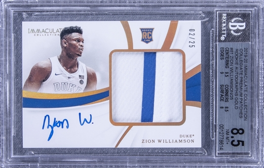 2019/20 Immaculate Collection "Collegiate Premium Patches" Rookie Autographs Gold #81 Zion Williamson Signed Patch Rookie Card (#2/25) - BGS NM-MT+ 8.5/BGS 10